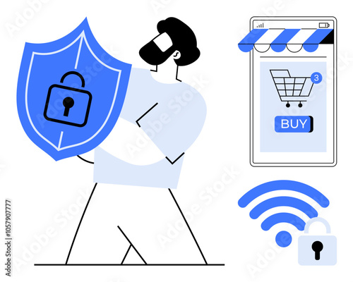 A person holds a blue shield with a lock symbol, representing data protection. A smartphone with an e-commerce cart and a wireless security icon is visible. Ideal for cybersecurity, online shopping