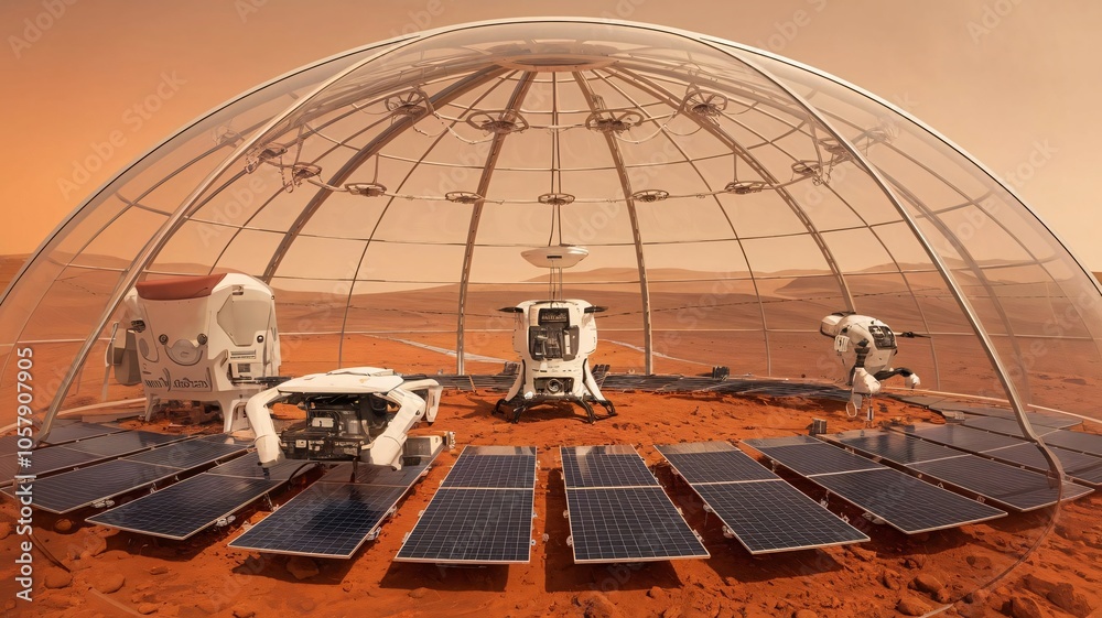 Drones inside a transparent, dome-enclosed power plant on Mars, managing solar panels that capture the weak Martian sunlight. Drones inside a transparent, dome-enclosed power plant on Mars, managing solar panels that capture the weak Martian sunlight.