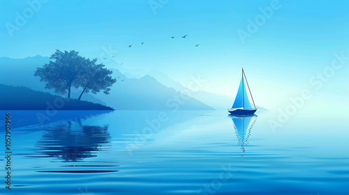 Tranquil seascape with a lone sailboat. Gentle waves lap against the shore as the sun rises over the distant mountains.