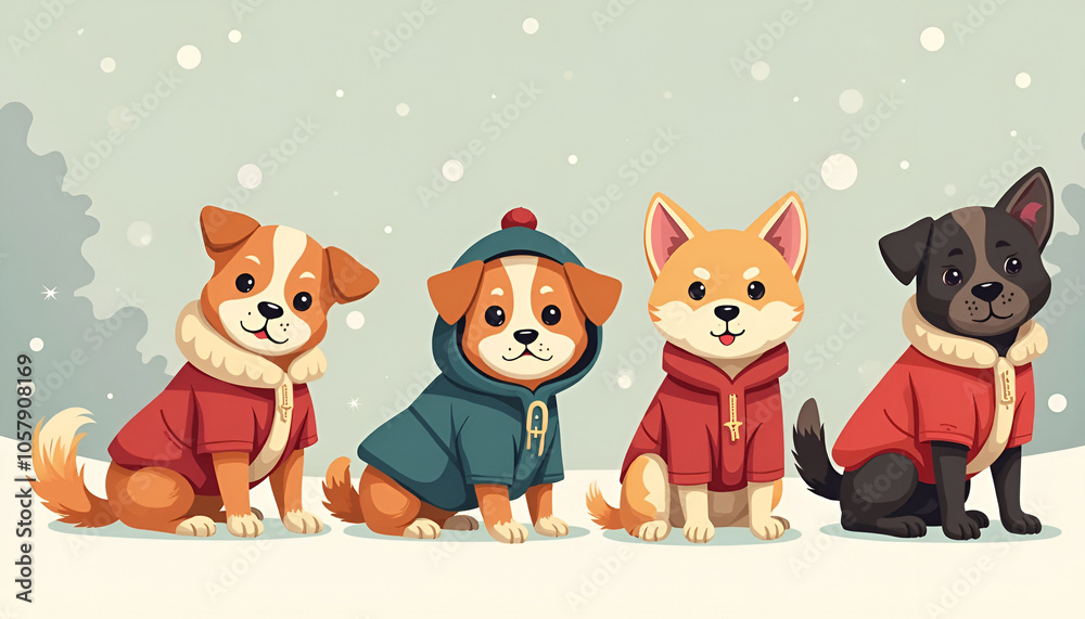 Four adorable cartoon dogs dressed in winter outfits, sitting in the snow with a festive background Four adorable cartoon dogs dressed in winter outfits, sitting in the snow with a festive background