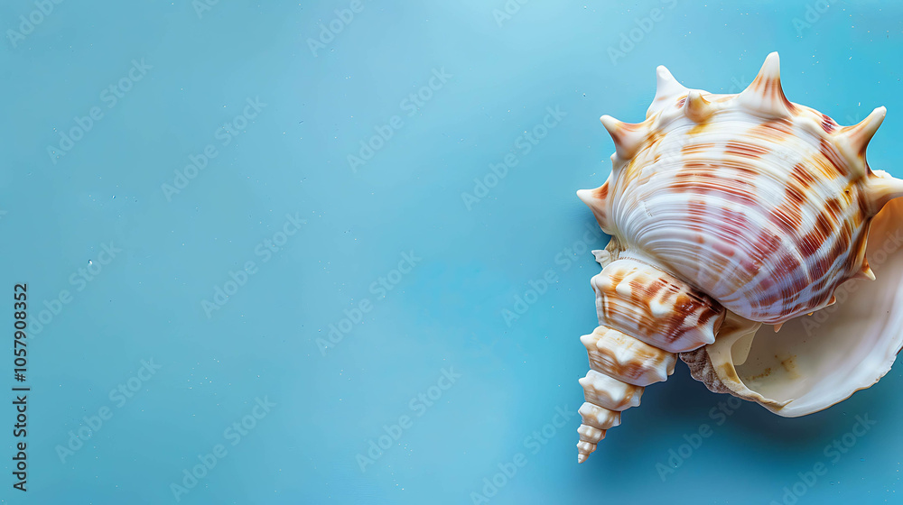 Obraz premium This image shows a seashell on a blue background. The seashell is a conch shell, and it is white and brown in color.
