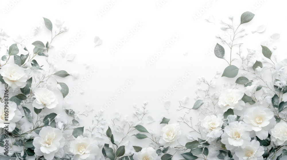 A white background with white flowers and green leaves arranged on the bottom left and right sides of the image. A white background with white flowers and green leaves arranged on the bottom left and right sides of the image.