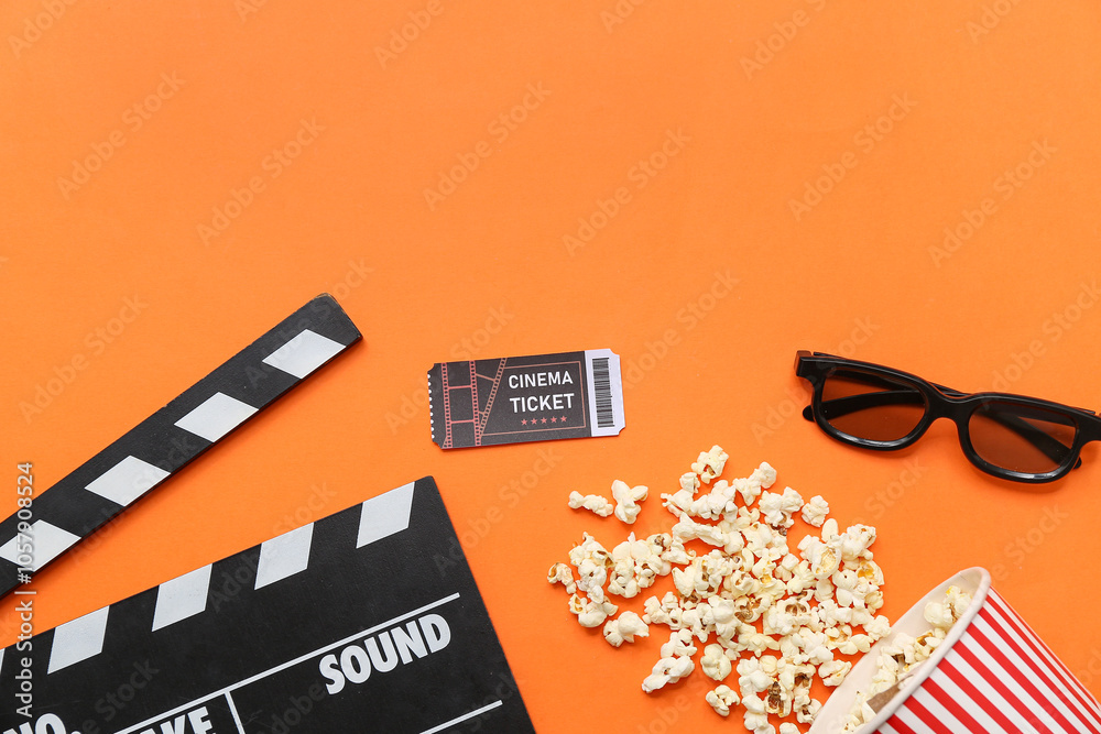 Naklejka premium Movie clapper with cinema ticket, glasses and popcorn on orange background