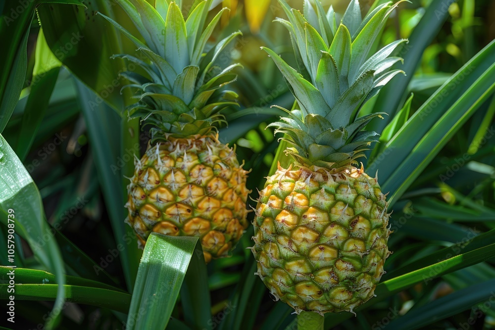 Close up two pineapple fruits in pineapple farming. Close up two pineapple fruits in pineapple farming.