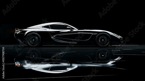 The image is a dark and mysterious sports car. The car is sleek and powerful, and it looks like it's ready to race.