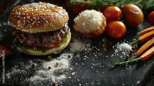 Wallpaper Mural Top down shot of a dark cookery ingredients table top, chefs worktop, countertop, a sparse amount of chopped ingredients with a burger. Torontodigital.ca