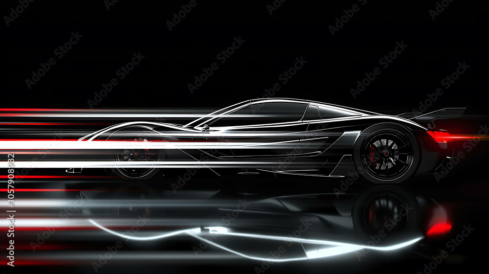 The image is a black sports car with a sleek design. It is shown in a dark setting with red and white light trails to emphasize its speed. The image is a black sports car with a sleek design. It is shown in a dark setting with red and white light trails to emphasize its speed.