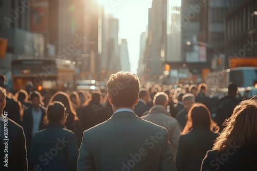 Grey Suit Businessman Walking In Busy City Crowd