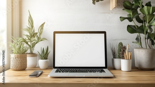 Modern Workspace with Laptop and Plants in Sunlit Home Office