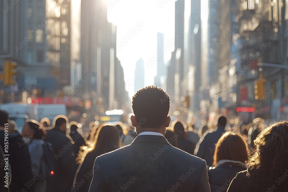 Golden Hour Silhouette of Man Walking in Urban Crowd