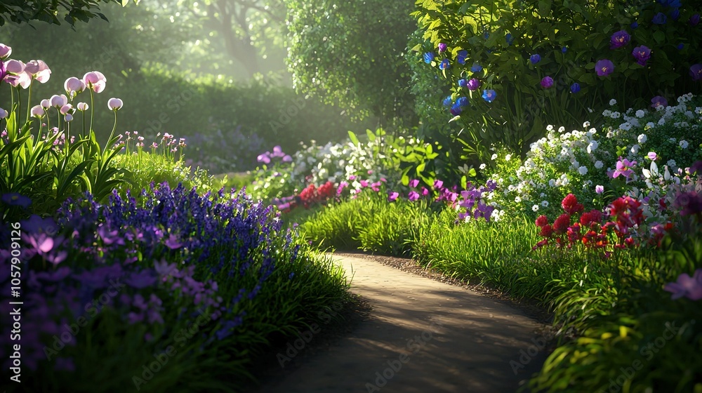 Path in garden filled with purple, pink flowers, greenery on left, right sides Path in garden filled with purple, pink flowers, greenery on left, right sides