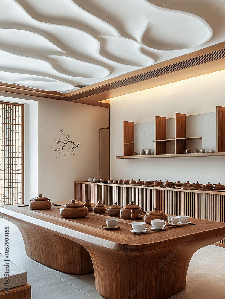 Modern high-end villa tea room in Chinese design style, with a wooden ...
