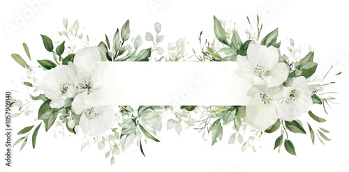 Fototapeta Naklejka Na Ścianę i Meble -  PNG White and green wedding flowers on invisible rectangle frame illustration watercolor style.