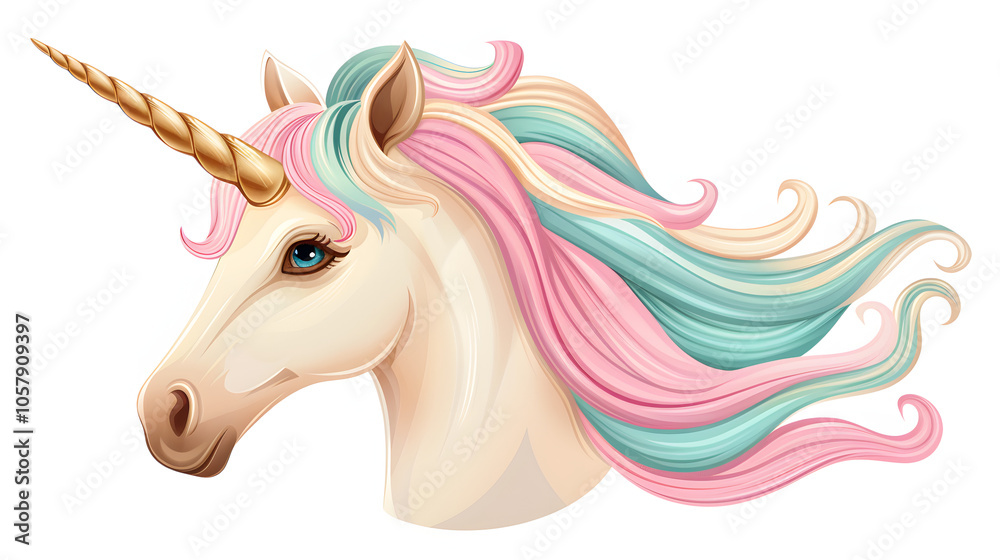 A detailed unicorn emoji with a golden horn and pastel-colored mane, isolated on white background A detailed unicorn emoji with a golden horn and pastel-colored mane, isolated on white background