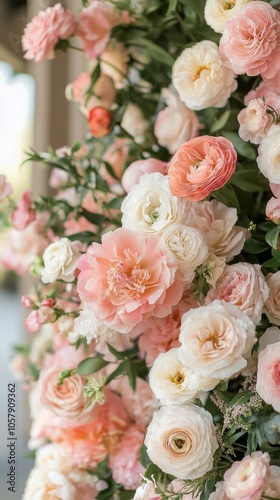 Beautiful floral arrangement featuring peach and white blooms for a spring celebration