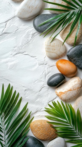 Arrangement of smooth stones surrounded by tropical leaves on a light background