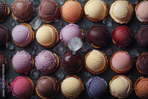 Colorful ice cream cones arranged on a dark surface with ice cubes and a summ...