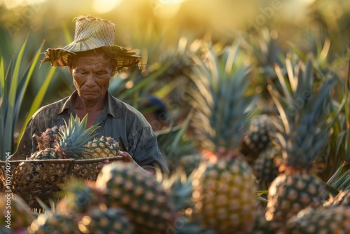 Farmer harvesting in pineapple farm   fruits field.