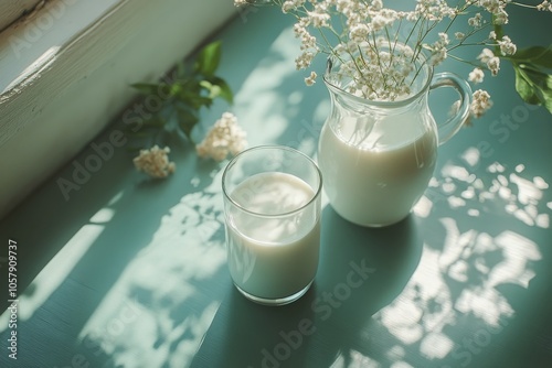 A white ceramic pitcher and a glass of milk on a green surface with soft sunl...