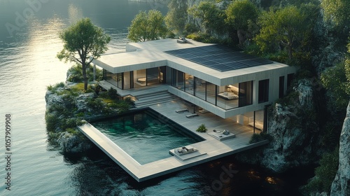 Modern house surrounded by lush greenery reflecting on a tranquil pond during...
