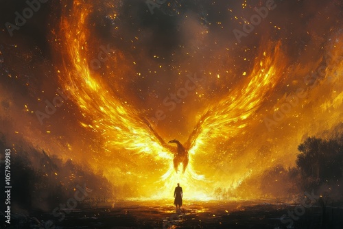 A majestic phoenix rises from fiery clouds during a dramatic sunset in a fant...