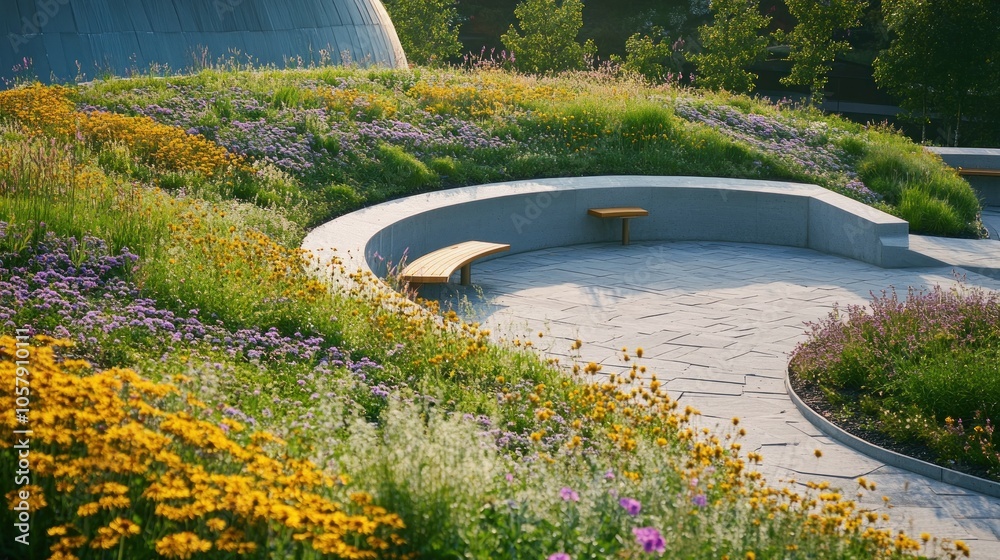 A serene garden space with vibrant flowers and a curved seating area for relaxation. A serene garden space with vibrant flowers and a curved seating area for relaxation.