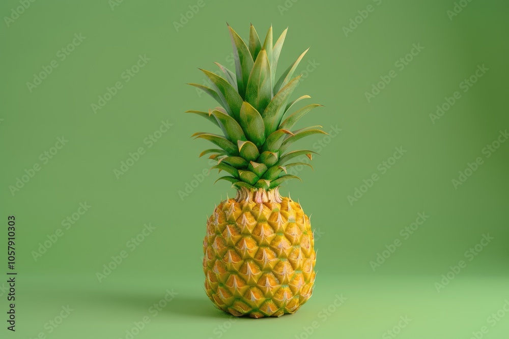 Full shot of whole raw ripe pineapple against green background Full shot of whole raw ripe pineapple against green background