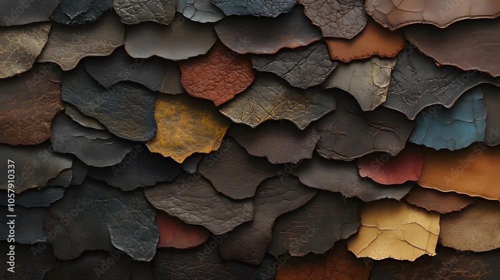 A close up of a pile of leather with a variety of colors. Concept of depth and texture, with the different shades of brown and black creating a visually interesting and dynamic composition A close up of a pile of leather with a variety of colors. Concept of depth and texture, with the different shades of brown and black creating a visually interesting and dynamic composition
