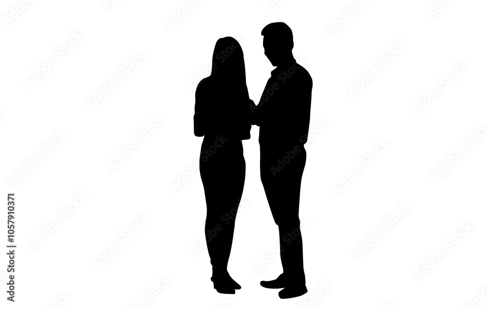 Silhouette of a couple in conversation discussing current business Silhouette of a couple in conversation discussing current business