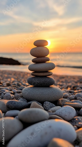 Balancing stones on a tranquil beach at sunset with soft waves gently lapping...