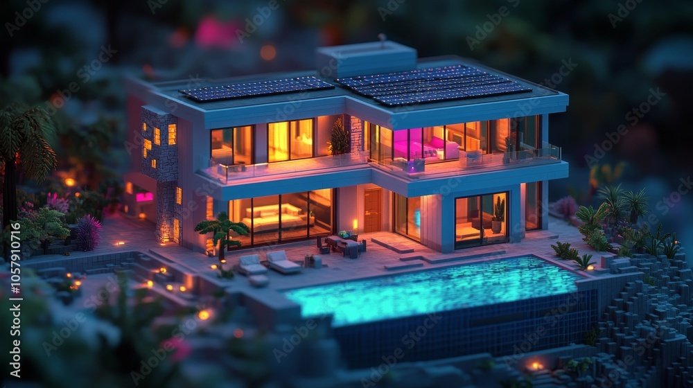 Obraz premium Modern house surrounded by lush greenery reflecting on a tranquil pond during sunset