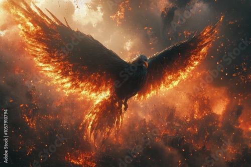 A majestic phoenix rises from fiery clouds during a dramatic sunset in a fant...