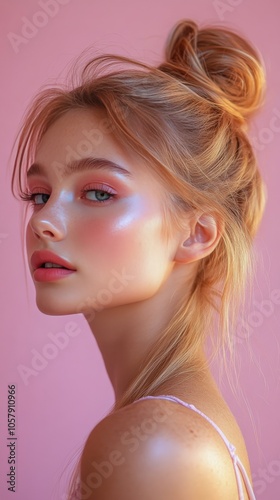 Portrait of a young woman with soft makeup against a pink background capturin...