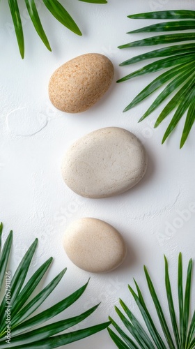 Arrangement of smooth stones surrounded by tropical leaves on a light background