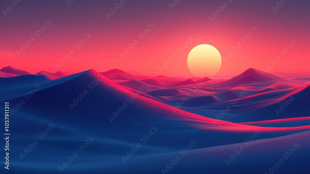 A vibrant, surreal sunset over a field of rolling hills, bathed in a warm glow of pink and blue. A vibrant, surreal sunset over a field of rolling hills, bathed in a warm glow of pink and blue.