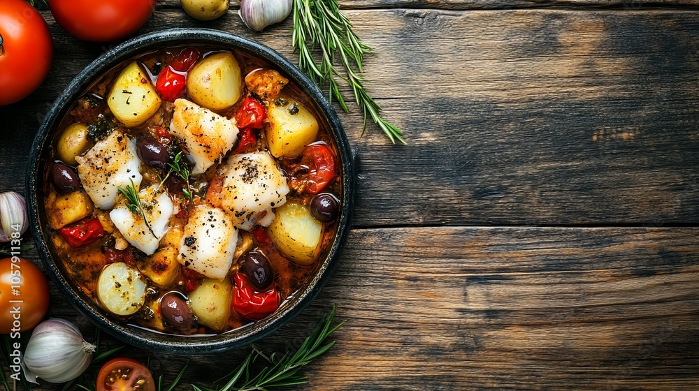 Baccala. The most popular Italian dishes. Salted cod, often served in chunks with vegetables. Composition: Salted cod, tomatoes, olives, potatoes, garlic. Baccala. The most popular Italian dishes. Salted cod, often served in chunks with vegetables. Composition: Salted cod, tomatoes, olives, potatoes, garlic.