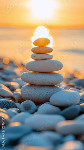 Balancing stones on a tranquil beach at sunset with soft waves gently lapping...