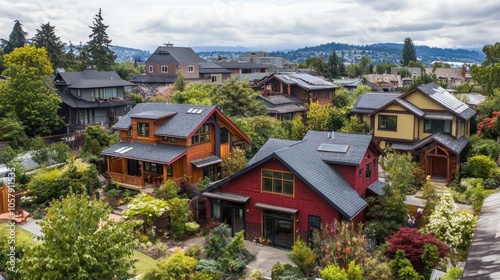 Aerial view of colorful houses surrounded by greenery under a cloudy sky.