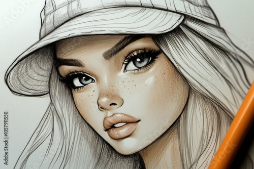 A detailed sketch of a young woman wearing a stylish hat in a contemporary ar...