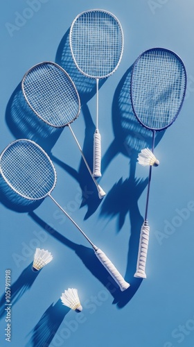 Various blue tennis rackets and shuttlecocks arranged on a bright blue backgr...