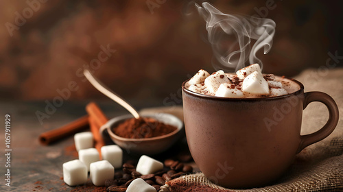 Cup of hot chocolate with marshmallows on a brown background. The cup is surrounded by cocoa powder, sugar cubes, cinnamon sticks and coffee beans. photo