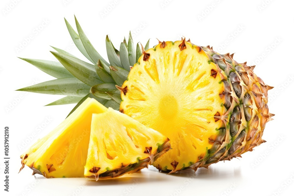 pineapple juicy yellow fruit with slices and leaf isolated on white background pineapple juicy yellow fruit with slices and leaf isolated on white background