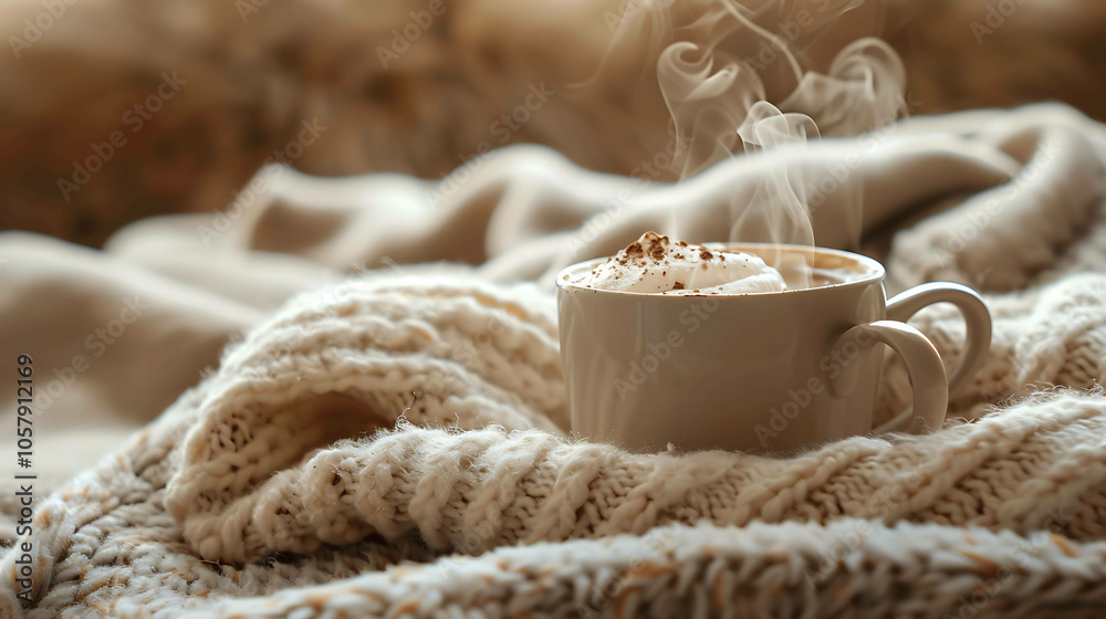 Cup of hot chocolate with whipped cream on a cozy knitted sweater. The perfect way to warm up on a cold day. Cup of hot chocolate with whipped cream on a cozy knitted sweater. The perfect way to warm up on a cold day.