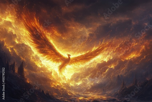 A majestic phoenix rises from fiery clouds during a dramatic sunset in a fant...