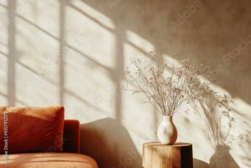 Modern orange sofa with decorative vase and sunlight streaming through the wi...