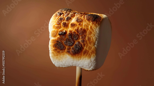 This is a photo of a toasted marshmallow on a stick. The marshmallow is perfectly toasted, with a golden brown exterior and a soft, gooey interior. photo