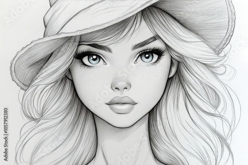 A detailed sketch of a young woman wearing a stylish hat in a contemporary ar...