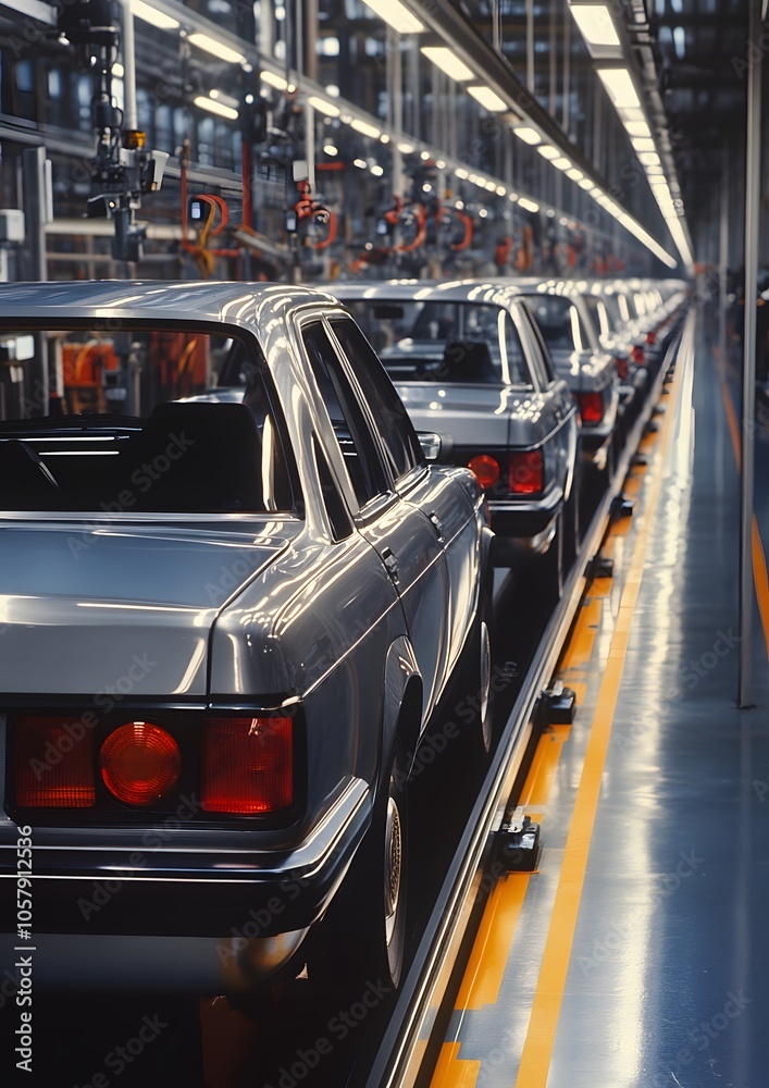Fototapeta premium A row of cars are being manufactured in a factory. The cars are silver and are lined up on a conveyor belt. The conveyor belt is moving the cars along the assembly line