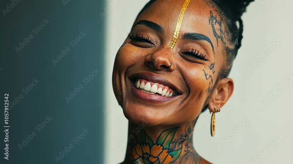 A woman with a gold stripe on her forehead smiles brightly while looking up A woman with a gold stripe on her forehead smiles brightly while looking up