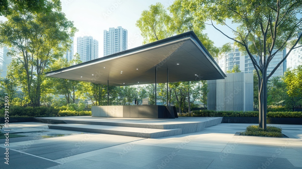 Obraz premium A modern pavilion surrounded by greenery and urban buildings, designed for gatherings.